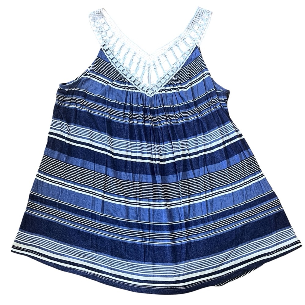 Blue Striped Laced Neck Tank Top